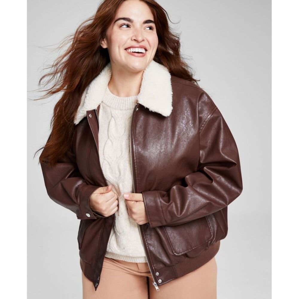 Women's Trendy Plus Size Faux-Leather Fleece-Trim Jacket